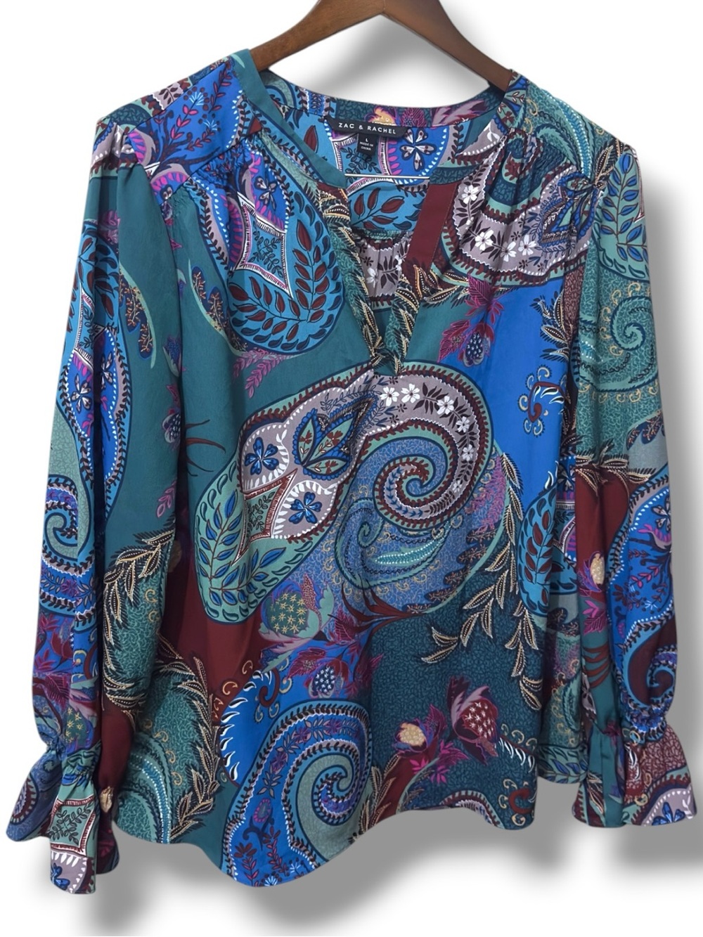 Zac & Rachel | NWOT Boho Teal Multi Paisley Split-Neck Blouse (size L) - Picture 3 of 15